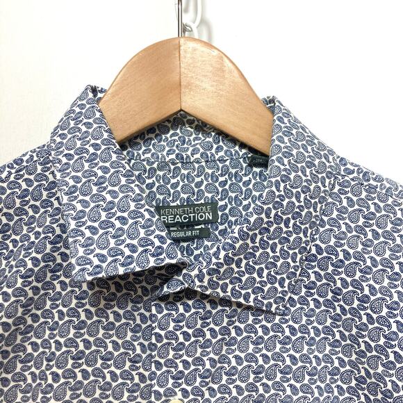 Kenneth Cole Reaction Cotton Blue White Paisley Button Up Formal Dress Shirt - Picture 3 of 8